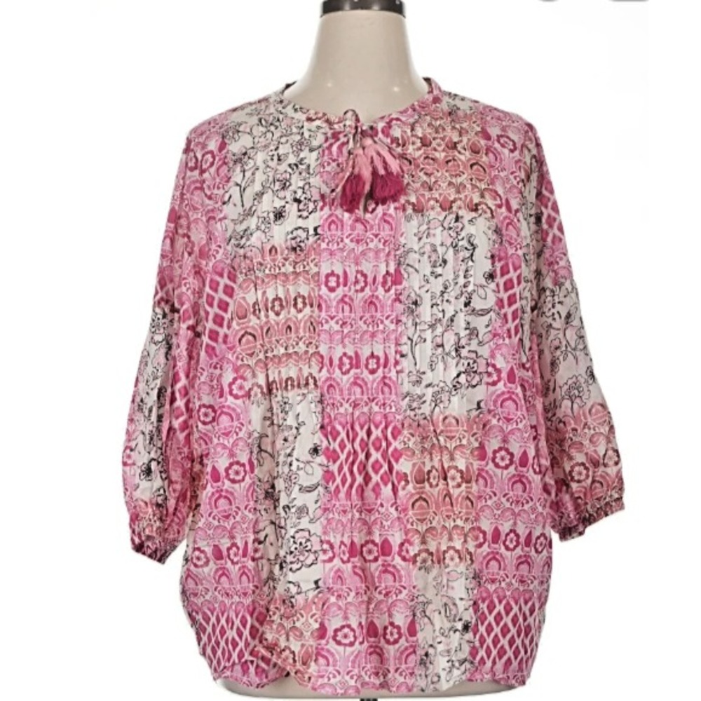 Elie Tahari Woman Pink Patchwork Floral Pintuck Tassel Tie Blouse Top